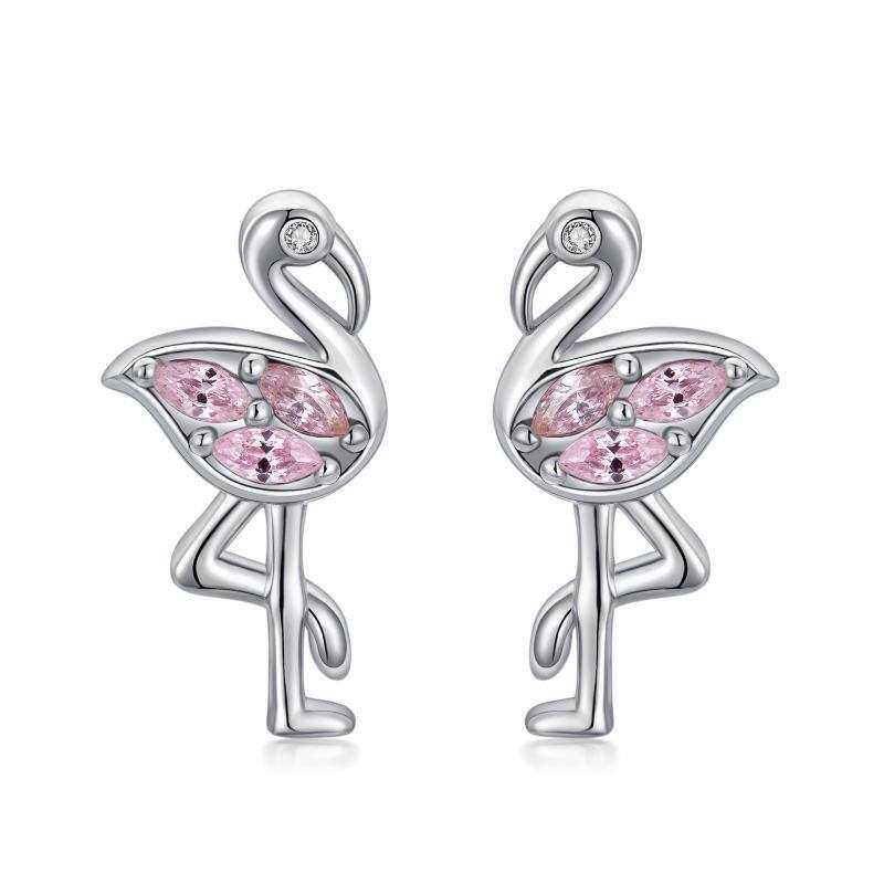 Sterling Silver Circular Shaped Cubic Zirconia Flamingo Stud Earrings-1