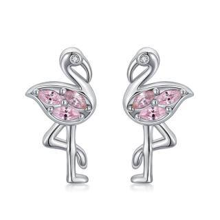 Sterling Silver Circular Shaped Cubic Zirconia Flamingo Stud Earrings-4