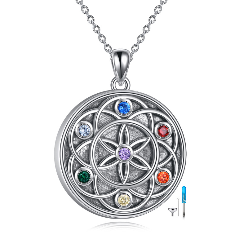 Sterling Silver Circular Shaped Cubic Zirconia Flower Of Life & Chakras Urn Necklace for Ashes with Engraved Word-12