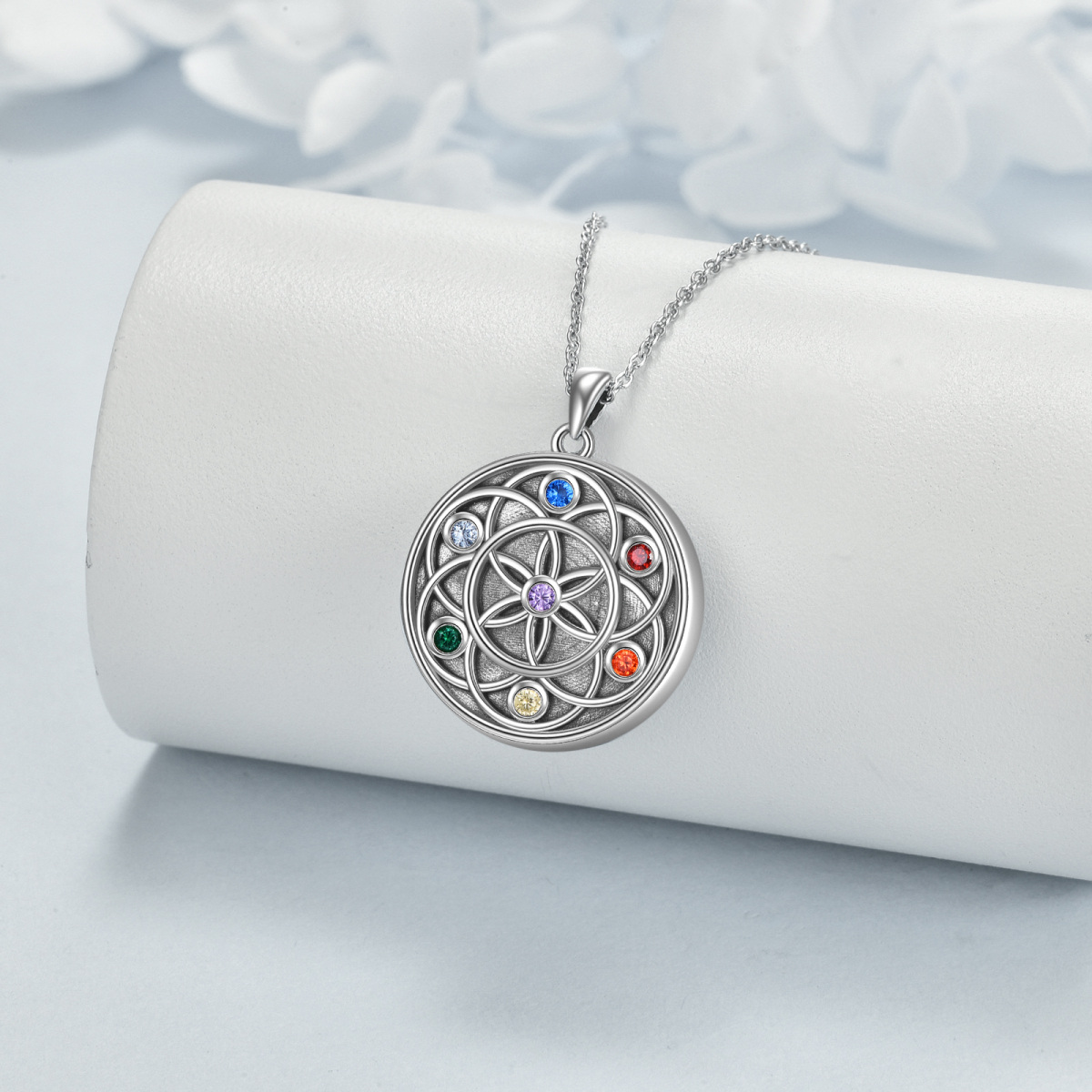 Sterling Silver Circular Shaped Cubic Zirconia Flower Of Life & Chakras Urn Necklace for Ashes with Engraved Word-3