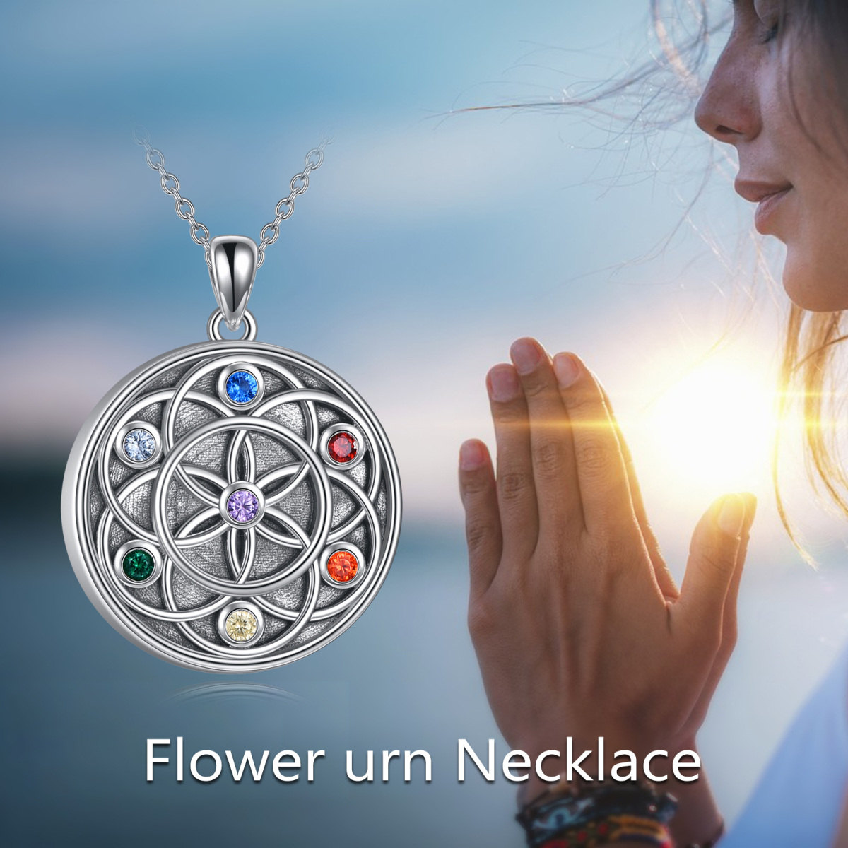 Plata de ley Circular Zirconia Cúbica Flor de la Vida y Chakras Urna collar con palabra gr-6