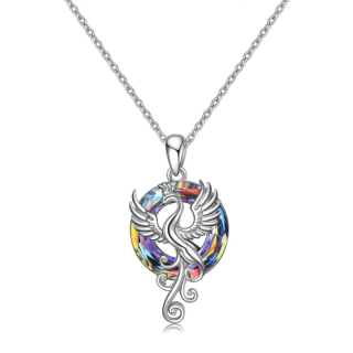 Sterling Silver Circular Shaped Flying Phoenix Crystal Pendant Necklace with Cable Chain-17