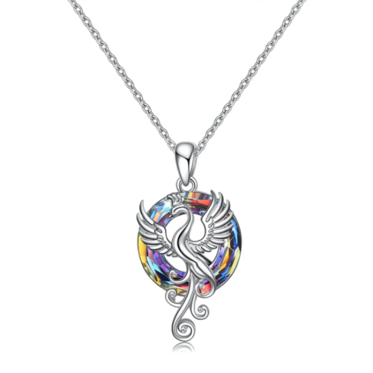 Sterling Silver Circular Shaped Flying Phoenix Crystal Pendant Necklace with Cable Chain