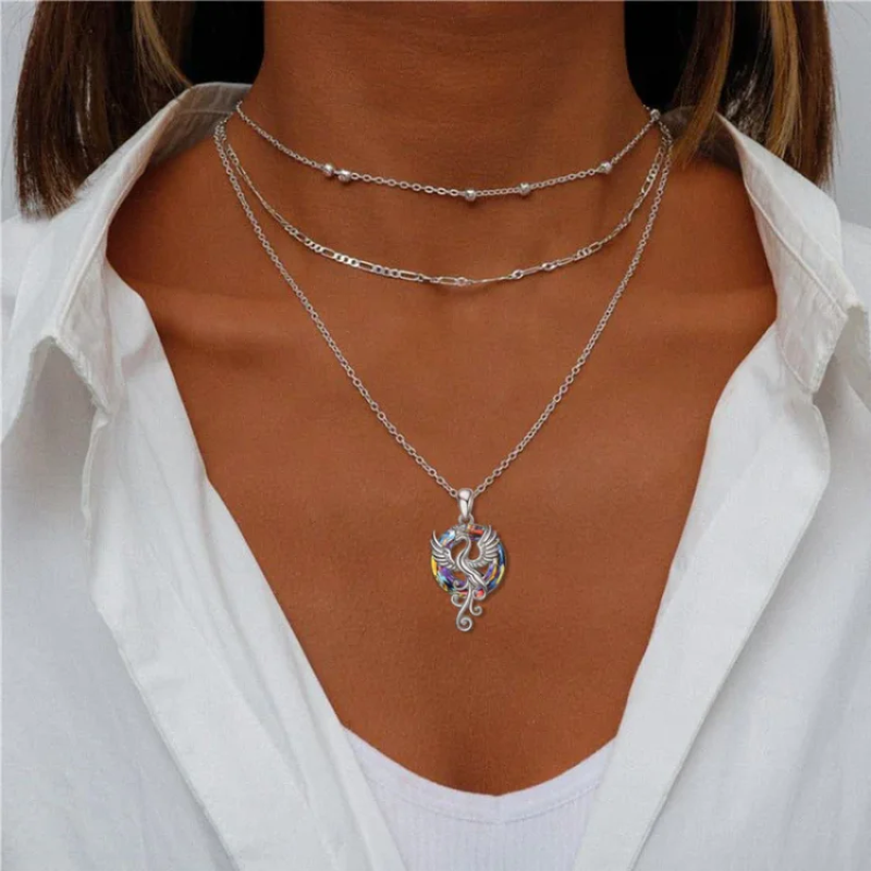 Sterling Silver Circular Shaped Flying Phoenix Crystal Pendant Necklace with Cable Chain-2