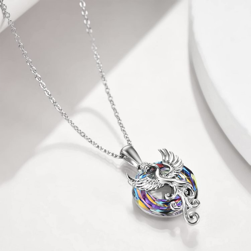 Sterling Silver Circular Shaped Flying Phoenix Crystal Pendant Necklace with Cable Chain-4