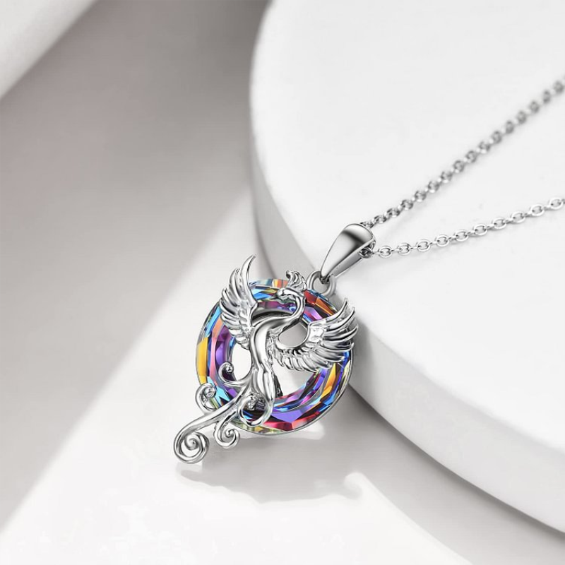 Sterling Silver Circular Shaped Flying Phoenix Crystal Pendant Necklace with Cable Chain-5