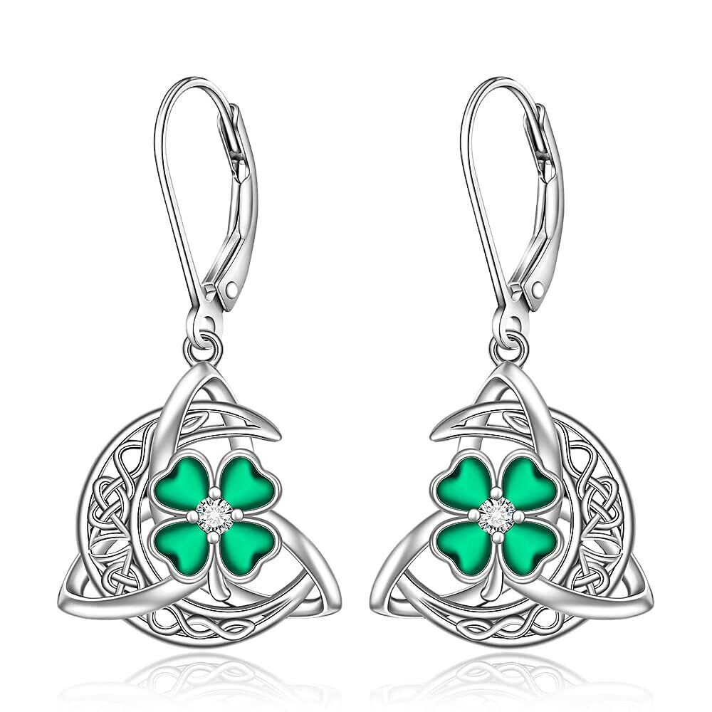 Sterling Silver Heart Cubic Zirconia Four Leaf Clover & Celtic Knot Lever-Back Earrings For Women-1