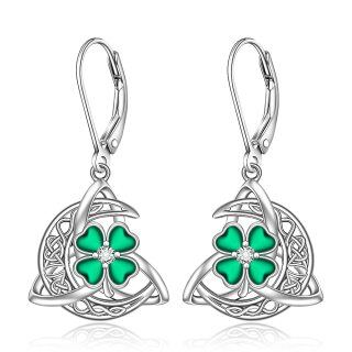 Sterling Silver Heart Cubic Zirconia Four Leaf Clover & Celtic Knot Lever-Back Earrings For Women-3