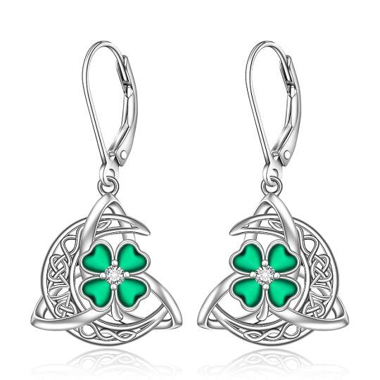 Sterling Silver Circular Shaped Cubic Zirconia Four Leaf Clover & Celtic Knot & Moon Lever-back Earrings