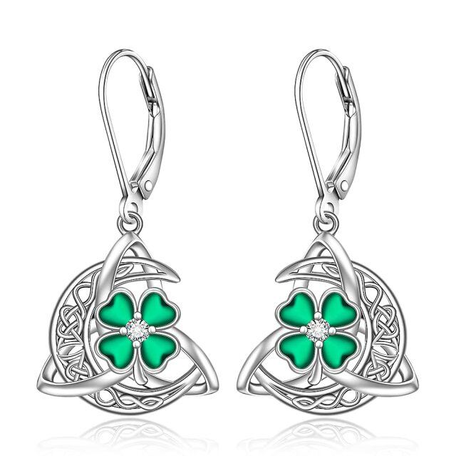 Sterling Silver Circular Shaped Cubic Zirconia Four Leaf Clover & Celtic Knot & Moon Lever-back Earrings-1