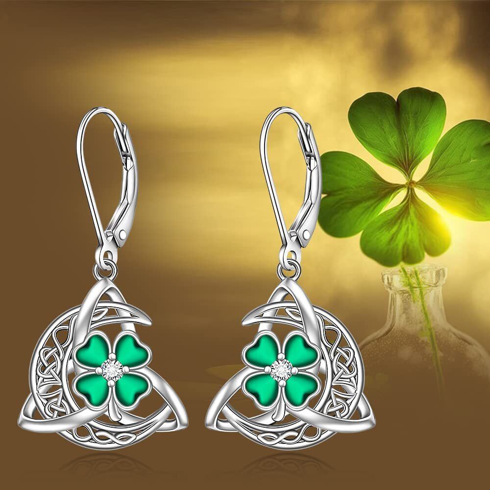 Sterling Silver Heart Cubic Zirconia Four Leaf Clover & Celtic Knot Lever-Back Earrings For Women-5