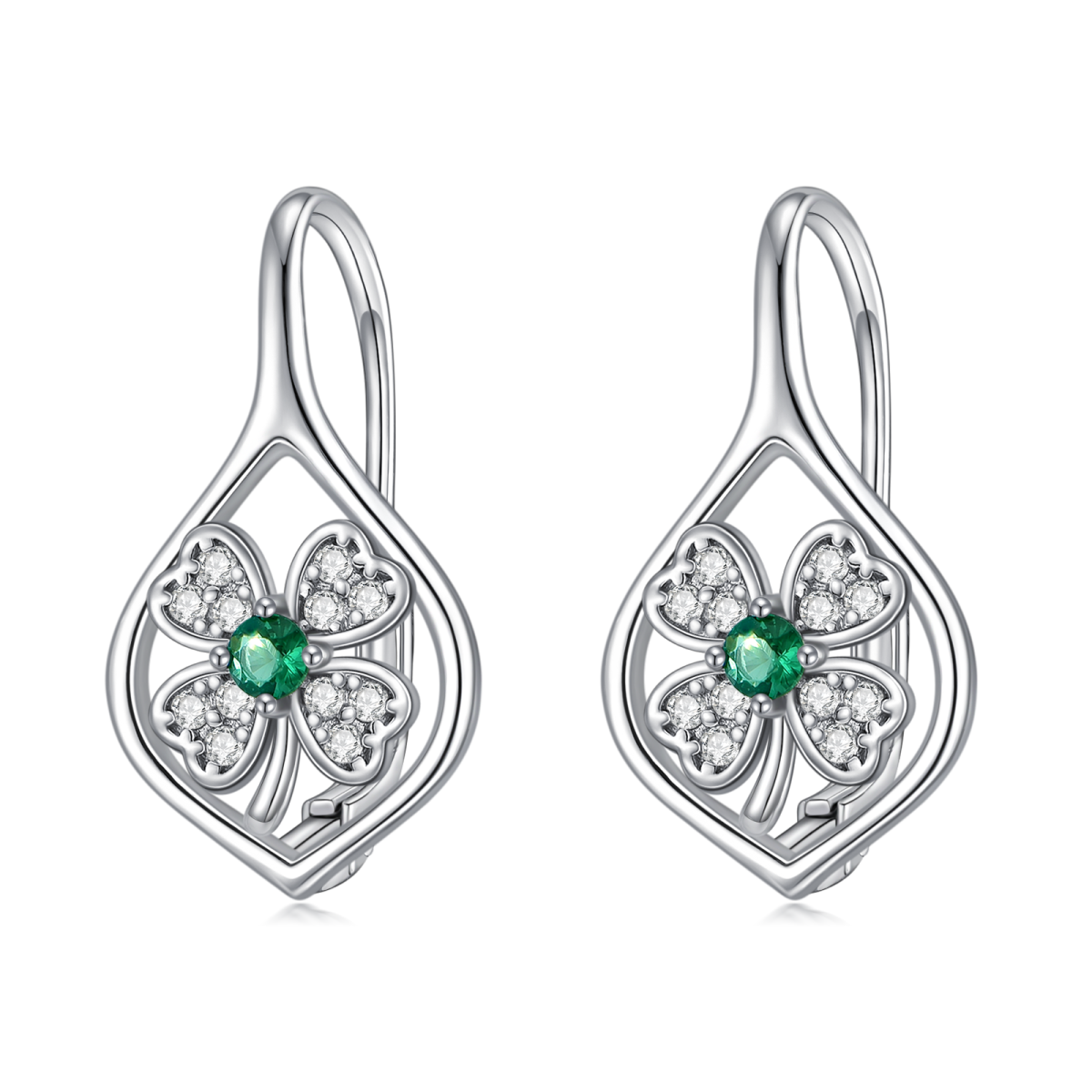 Sterling Silver Circular Shaped Cubic Zirconia Four Leaf Clover & Drop Shape Lever-back Earrings-1