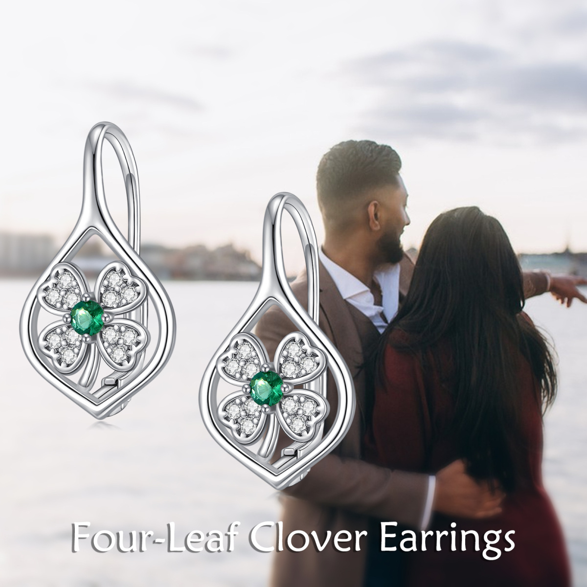 Sterling Silver Circular Shaped Cubic Zirconia Four Leaf Clover & Drop Shape Lever-back Earrings-3