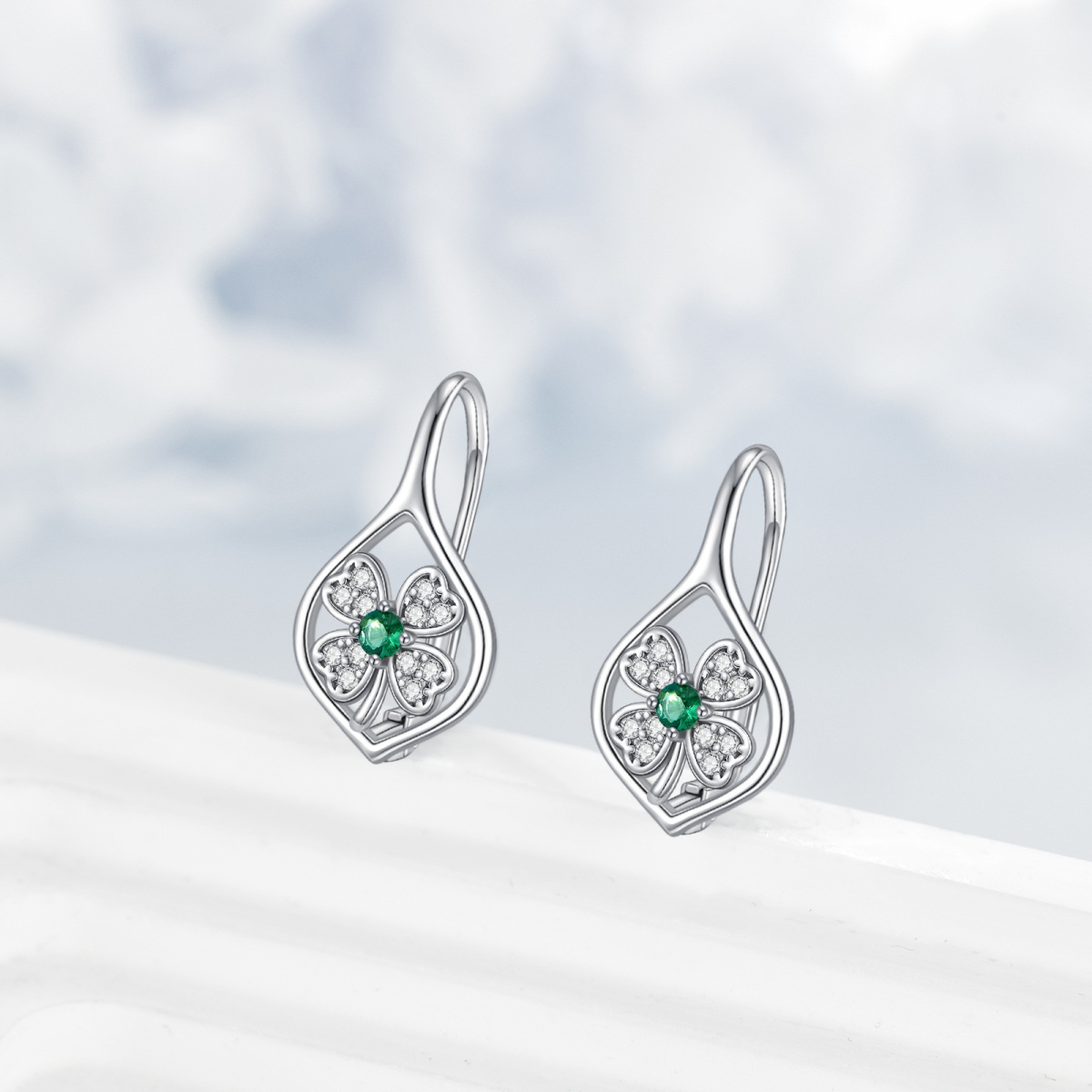 Sterling Silver Circular Shaped Cubic Zirconia Four Leaf Clover & Drop Shape Lever-back Earrings-5