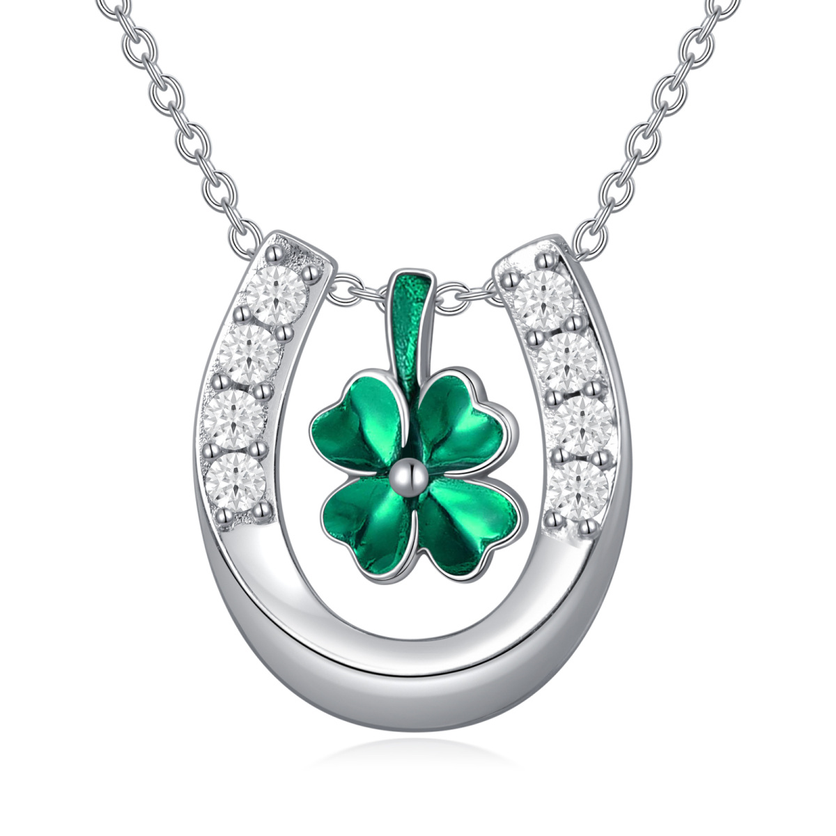 Sterling Silver Circular Shaped Cubic Zirconia Four Leaf Clover & Horseshoe Pendant Necklace-1