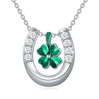 Sterling Silver Circular Shaped Cubic Zirconia Four Leaf Clover & Horseshoe Pendant Necklace-48