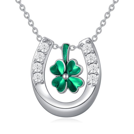 Sterling Silver Circular Shaped Cubic Zirconia Four Leaf Clover & Horseshoe Pendant Necklace