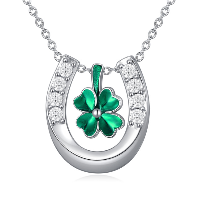 Sterling Silver Circular Shaped Cubic Zirconia Four Leaf Clover & Horseshoe Pendant Necklace-4