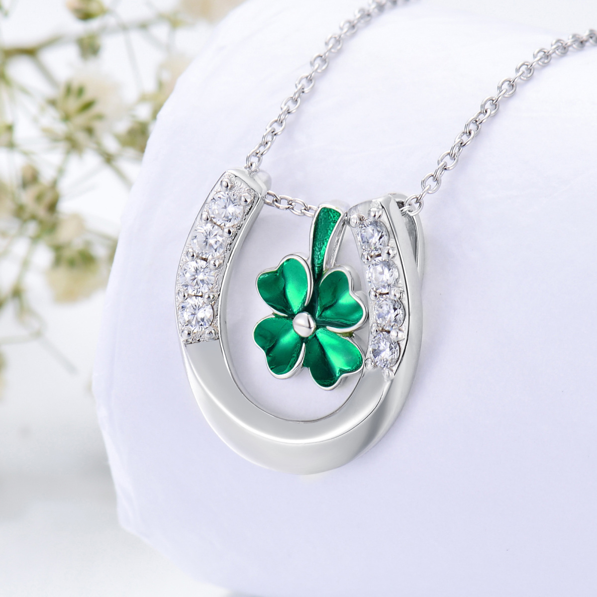 Sterling Silver Circular Shaped Cubic Zirconia Four Leaf Clover & Horseshoe Pendant Necklace-3