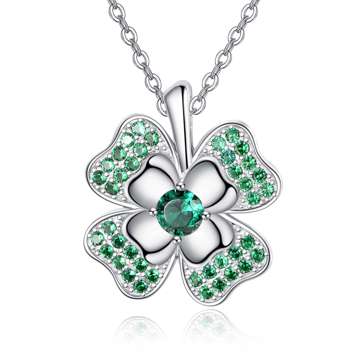 Sterling Silver Circular Shaped Cubic Zirconia Four Leaf Clover Pendant Necklace-1