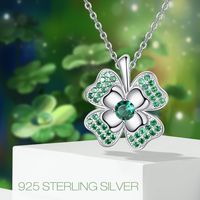 Sterling Silver Circular Shaped Cubic Zirconia Four Leaf Clover Pendant Necklace-5