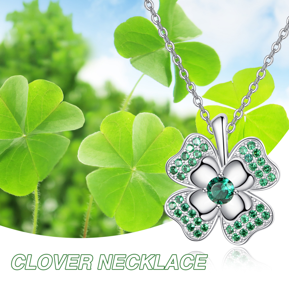 Sterling Silver Circular Shaped Cubic Zirconia Four Leaf Clover Pendant Necklace-6