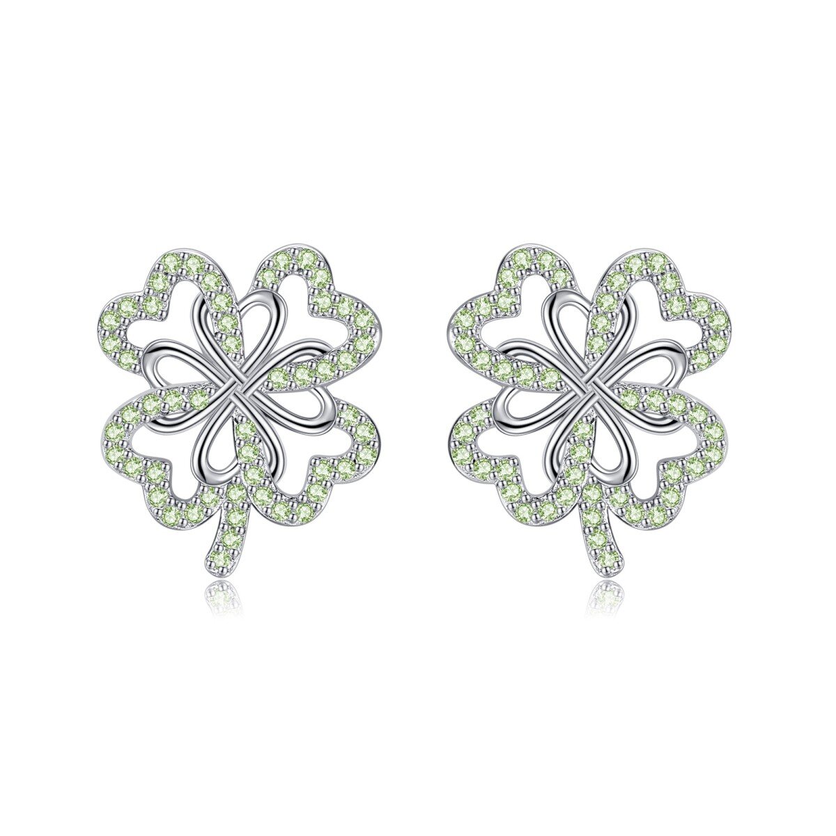 Boucles d'oreilles à tige en argent sterling avec trèfle à quatre feuilles et oxyde de zirconium de forme circulaire-1