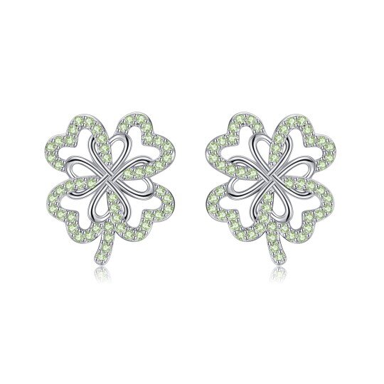 Sterling Silver Circular Shaped Cubic Zirconia Four Leaf Clover Stud Earrings