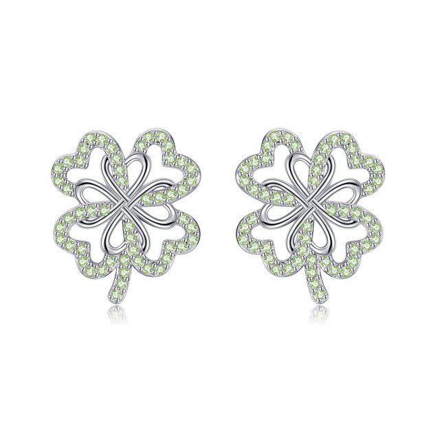 Sterling Silver Circular Shaped Cubic Zirconia Four Leaf Clover Stud Earrings-1