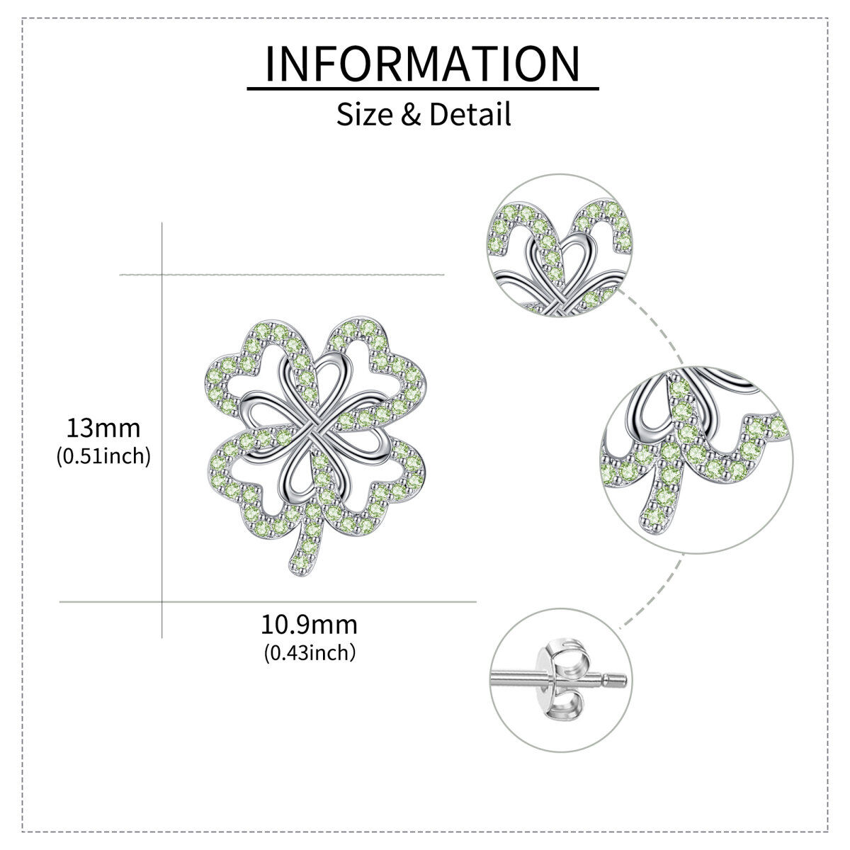 Pendientes de plata de ley con forma circular y circonita cúbica en forma de trébol de cuatro hojas-5