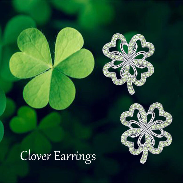 Sterling Silver Circular Shaped Cubic Zirconia Four Leaf Clover Stud Earrings-6