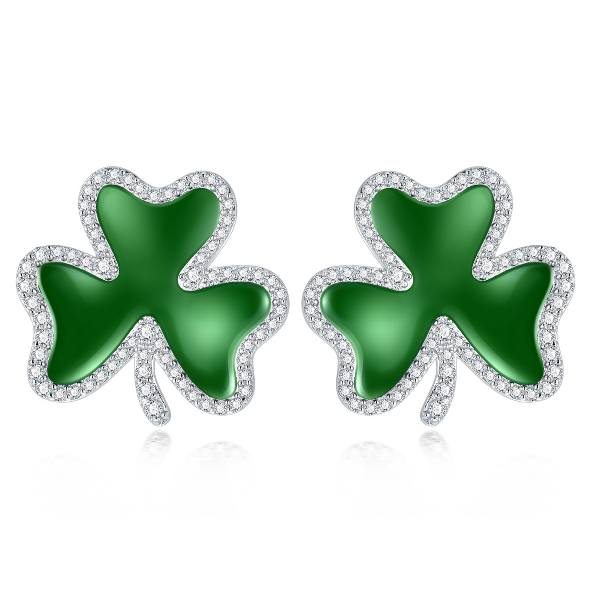 Sterling Silver Circular Shaped Cubic Zirconia Four Leaf Clover Stud Earrings-1