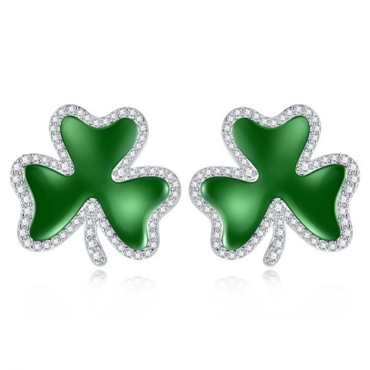 Sterling Silver Circular Shaped Cubic Zirconia Four Leaf Clover Stud Earrings