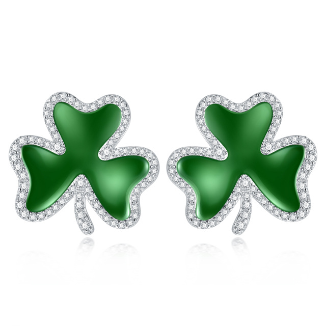 Sterling Silver Circular Shaped Cubic Zirconia Four Leaf Clover Stud Earrings-1