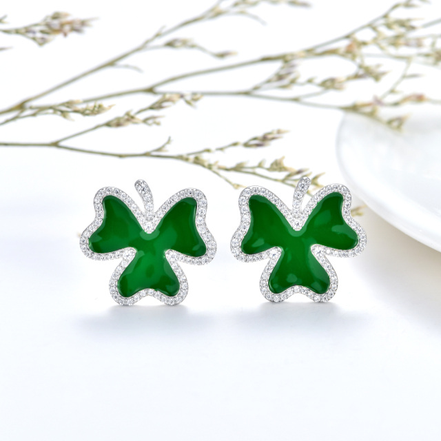 Sterling Silver Circular Shaped Cubic Zirconia Four Leaf Clover Stud Earrings-4