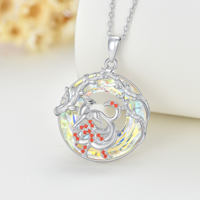 Sterling Silver Circular Shaped Fox Crystal Pendant Necklace-3