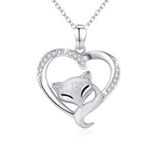 Sterling Silver Circular Shaped Cubic Zirconia Fox & Heart Pendant Necklace-5