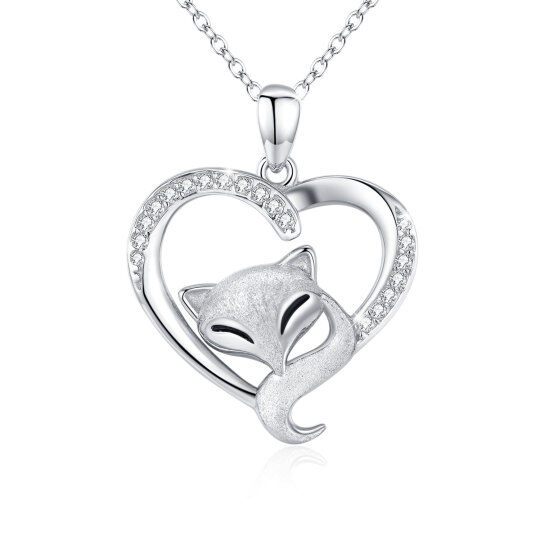 Sterling Silver Circular Shaped Cubic Zirconia Fox & Heart Pendant Necklace