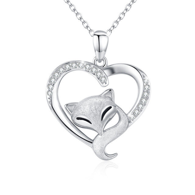 Sterling Silver Circular Shaped Cubic Zirconia Fox & Heart Pendant Necklace-4