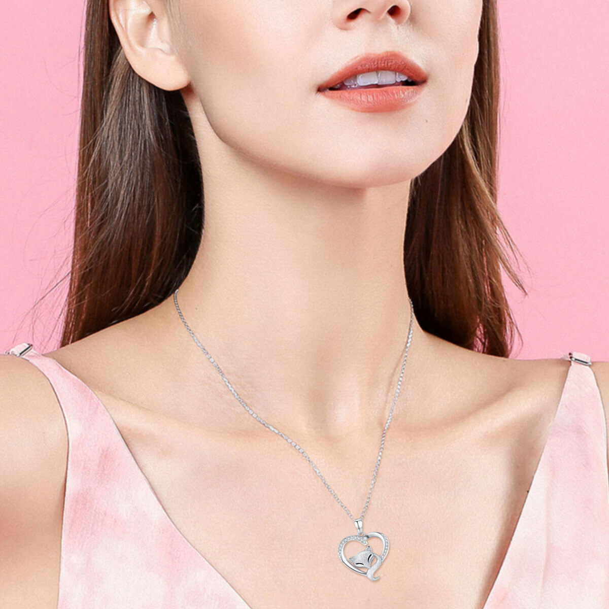 Collier en argent sterling avec pendentif renard et coeur en zircon cubique de forme circu-2