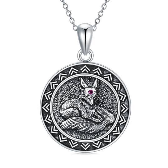 Sterling Silver Circular Shaped Cubic Zirconia Fox Pendant Necklace