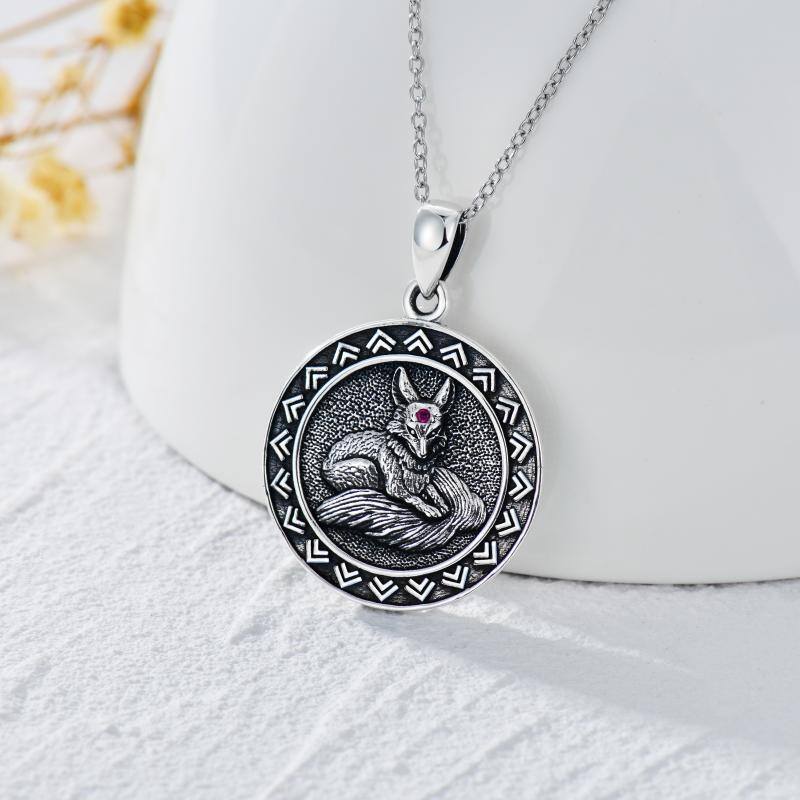 Sterling Silver Circular Shaped Cubic Zirconia Fox Pendant Necklace-3