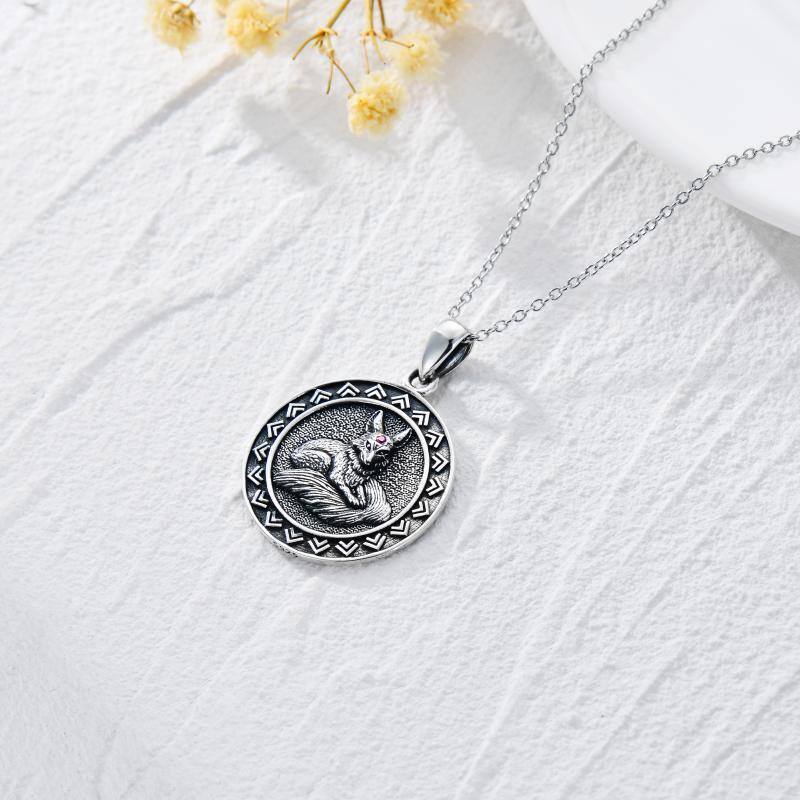 Sterling Silver Circular Shaped Cubic Zirconia Fox Pendant Necklace-4