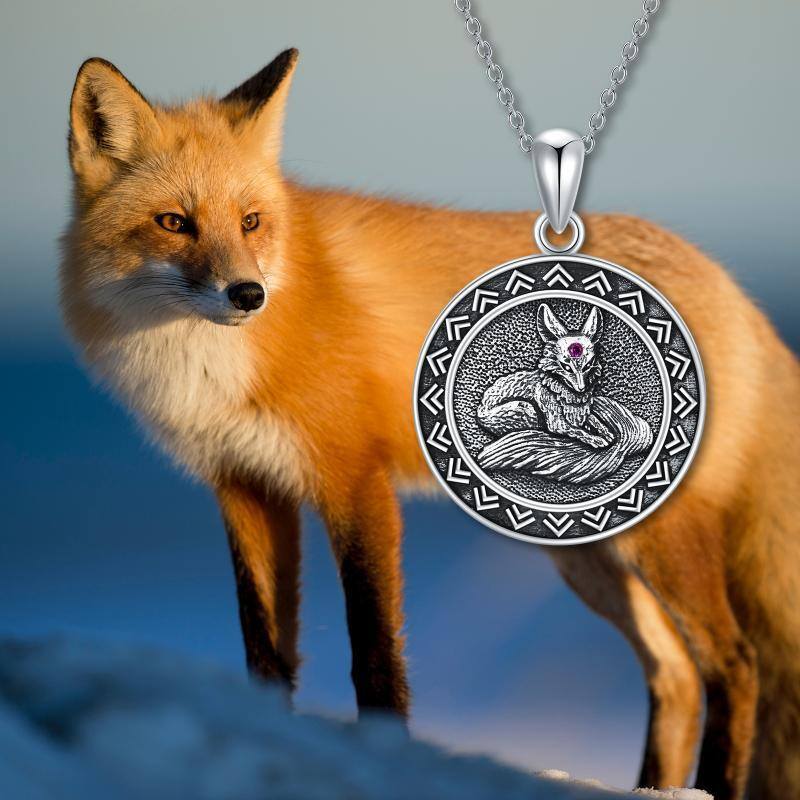 Sterling Silver Circular Shaped Cubic Zirconia Fox Pendant Necklace-5