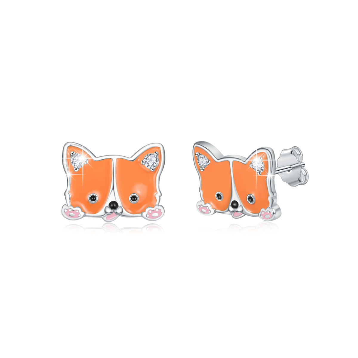 Sterling Silver Circular Shaped Cubic Zirconia Fox Stud Earrings-1