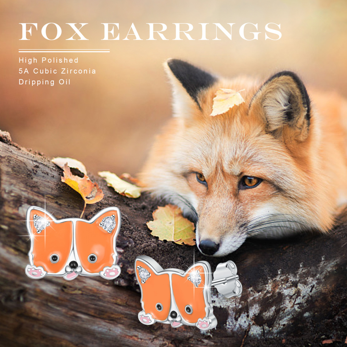 Sterling Silver Circular Shaped Cubic Zirconia Fox Stud Earrings-5