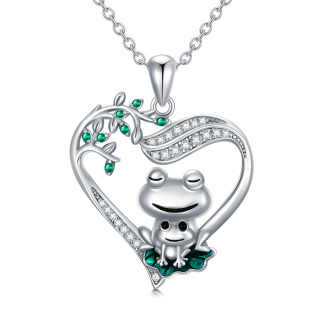 Sterling Silver Circular Shaped Cubic Zirconia Frog & Heart Pendant Necklace-21