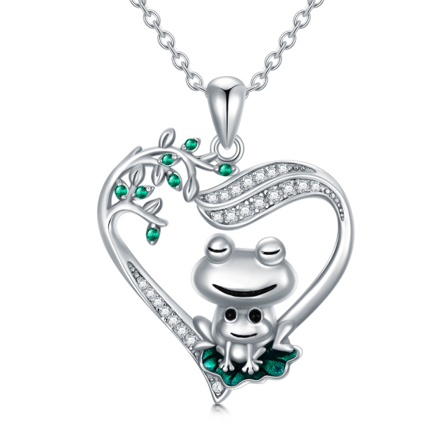 Sterling Silver Circular Shaped Cubic Zirconia Frog & Heart Pendant Necklace-3