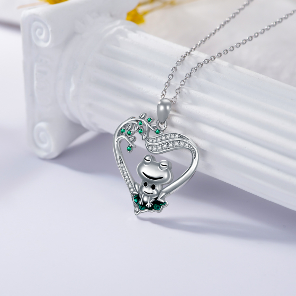 Sterling Silber kreisförmig Cubic Zirkonia Frosch & Herz-Anhänger Halskette-3