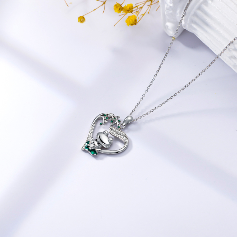 Sterling Silber kreisförmig Cubic Zirkonia Frosch & Herz-Anhänger Halskette-4